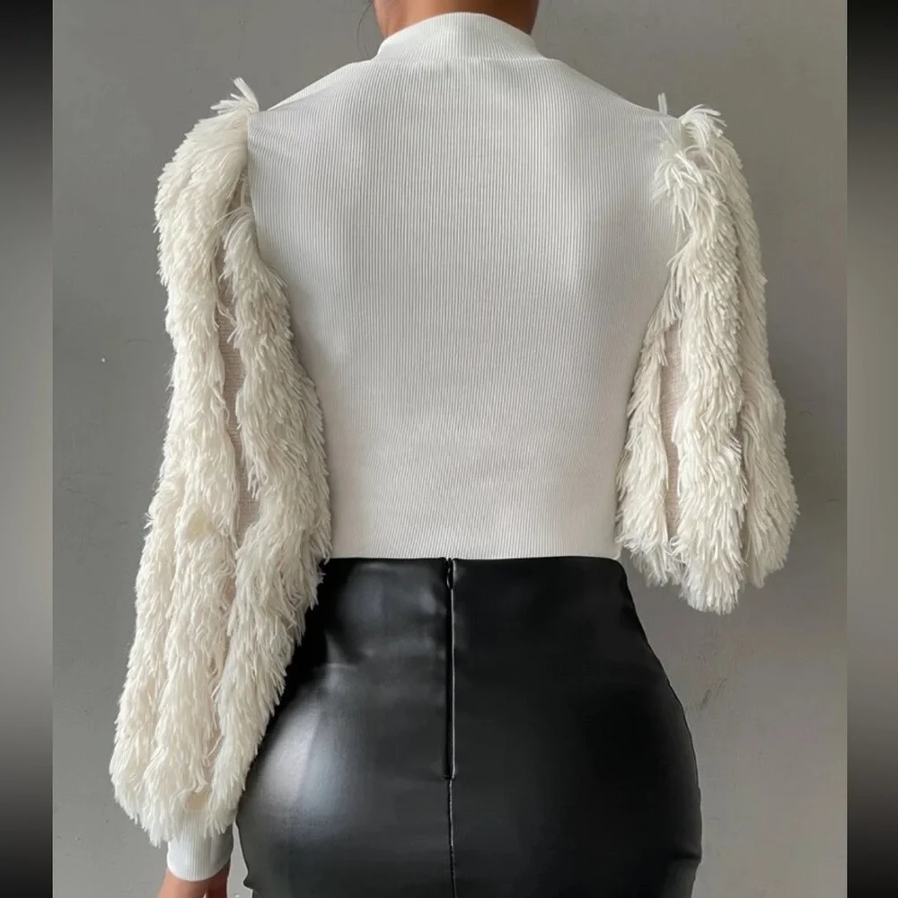 Cozy Faux Fur Fuzzy Long Puff Cuff Sleeve Mock Neck Top Blouse Shirt Black - Picture 7 of 16